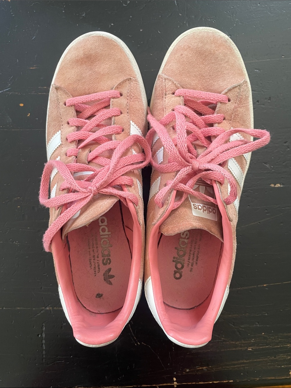 Adidas Women’s Pink Suede “Campus” Sneakers with White Stripes & Pink Laces